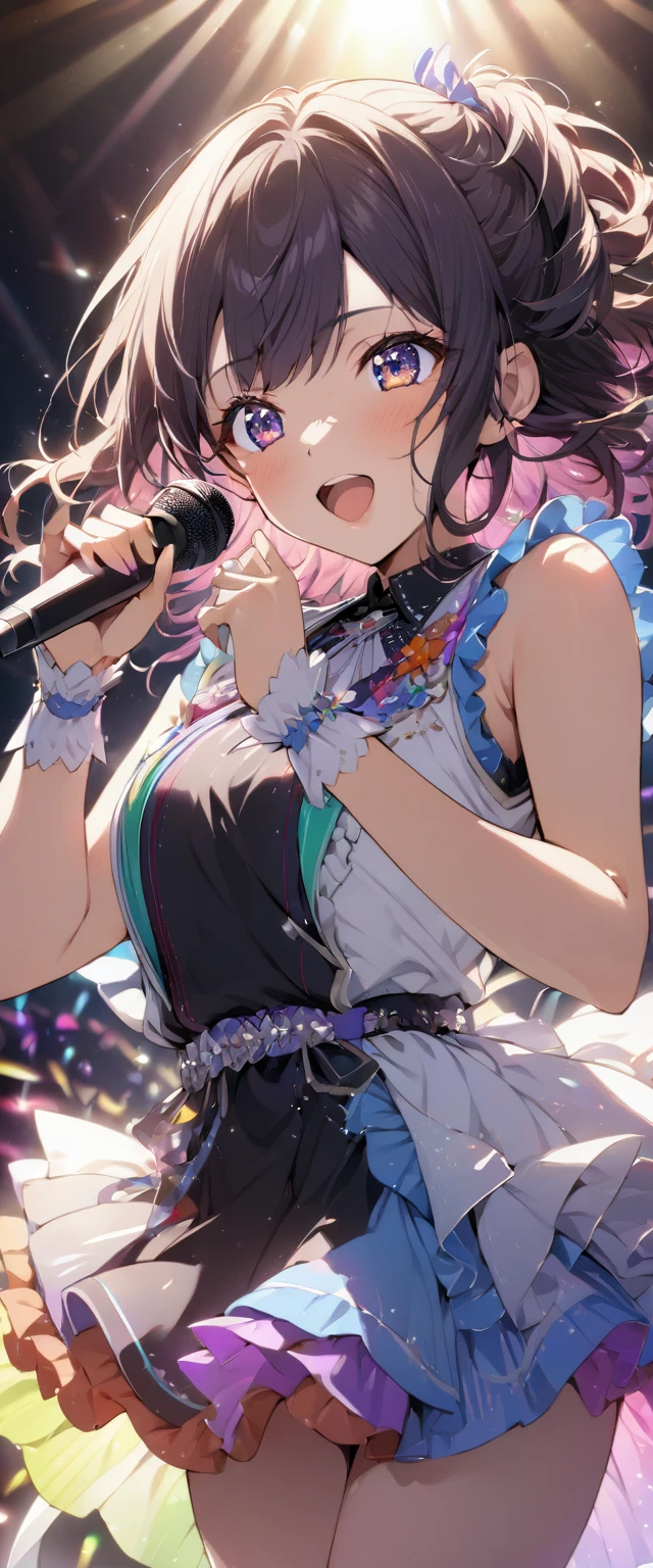 ((best quality)), ((masterpiece)), (detailed face and eyes), detailed hands and fingers, perfect face, accurate, textured skin, high details, Japanese idol singer, concert venue, in the spotlight, Holding a microphone and singing, Many colored rays, Singing, enthusiasm, cheers, Sleeveless dress