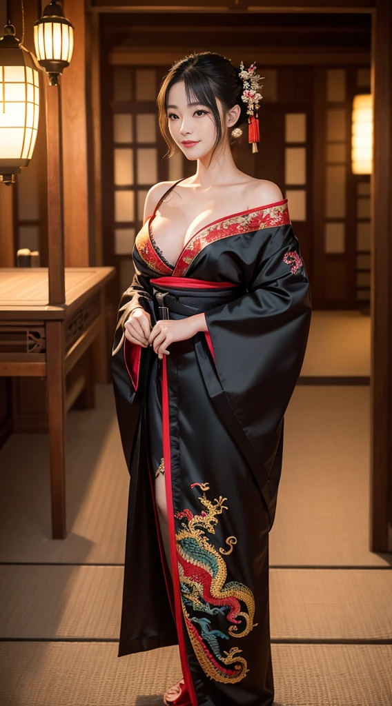 8K Ultra HD, Digital SLR,Film Grain, Fujifilm XT3,(Highest quality:1.3), (masterpiece:1.1), High resolution, Cinematic Light, Intricate details, (Realistic) (Night view) Realistic backlight、Dramatic reddish light、Beautiful Japanese Geisha full body photo, ((Facial texture Pore details)), Grin、Devilish smile, Simple messy hairstyle, She wears a black satin kimono decorated with traditional dragon motifs.., Open shoulders, Colorful dragon tattoos all over the body, Has a long blade, Long-bladed Japan sword in hand,Inside a traditional villa, 8K, Front blur