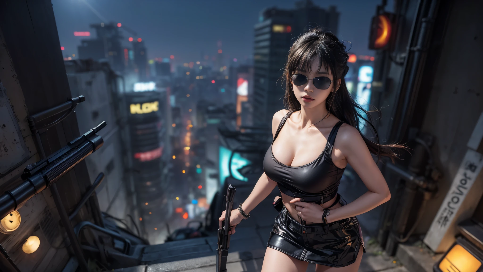 8k, Realistic Skin Texture, Realistic Photo, Neo Tokyo, slim Japanese women, large-breast:1.3 cleavage:1.2, AD2050 at night, Dirty hunting jacket, Wearing tube top, miniskirt, (((black sunglasses, automatic rifle, sneakers, cold, shooting pose, low angle view))), Innovative composition, revenge, cyberpunk, blade runner worldview, Large neon sign, Geisha hologram sign, Strong Wakamoto Sign.