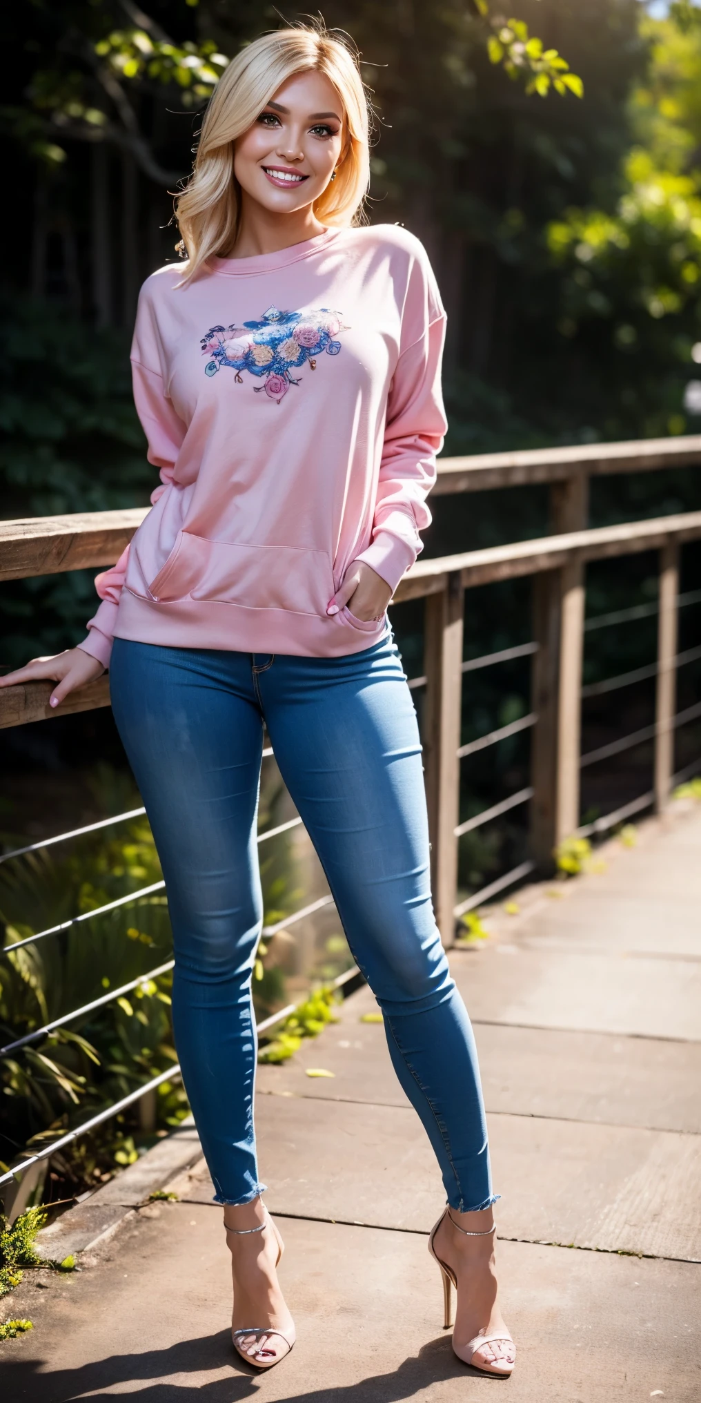 Allie Dunn, blond hair, (pink sweatshirt), (blue pants), (high heels), (perfect leggs), (whole body), (posing), (photo pose), (standing on bridge), (confident stance), (alluring allure), (impeccable craftsmanship), (exquisite attention to detail), (smile) (perfect smile), perfect lipps), (perfect teeth), (perfect smile), (irresistible sexiness), (designed to ignite passion), (undeniable sensuality). looking at viewer, smiling, masterpiece, best quality, highly detailed, (Beautiful and detailed eyes), (beautiful and detailed face), Perfect female body, (Best Quality), (ultra-detailed), (master piece), (high resolution), (Original), (the Extremely Detailed CG Unity 8K Wallpapers), big , perfect skin, perfect face, ultra realistic, sexy.