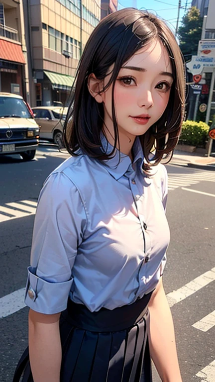 1 Woman, Japanese Woman,(Housewife:1.5),(40 Years Old:1.68),(Attractive Mature Woman:1.66),(Middle Age:1.78),(Small Round Face:1,69),(small breasts:1.5),((graduated haircut)),(Casual, collared cutter shirts, buttons,long pleated skirts),(((Cities, streets, trees, sidewalks)))