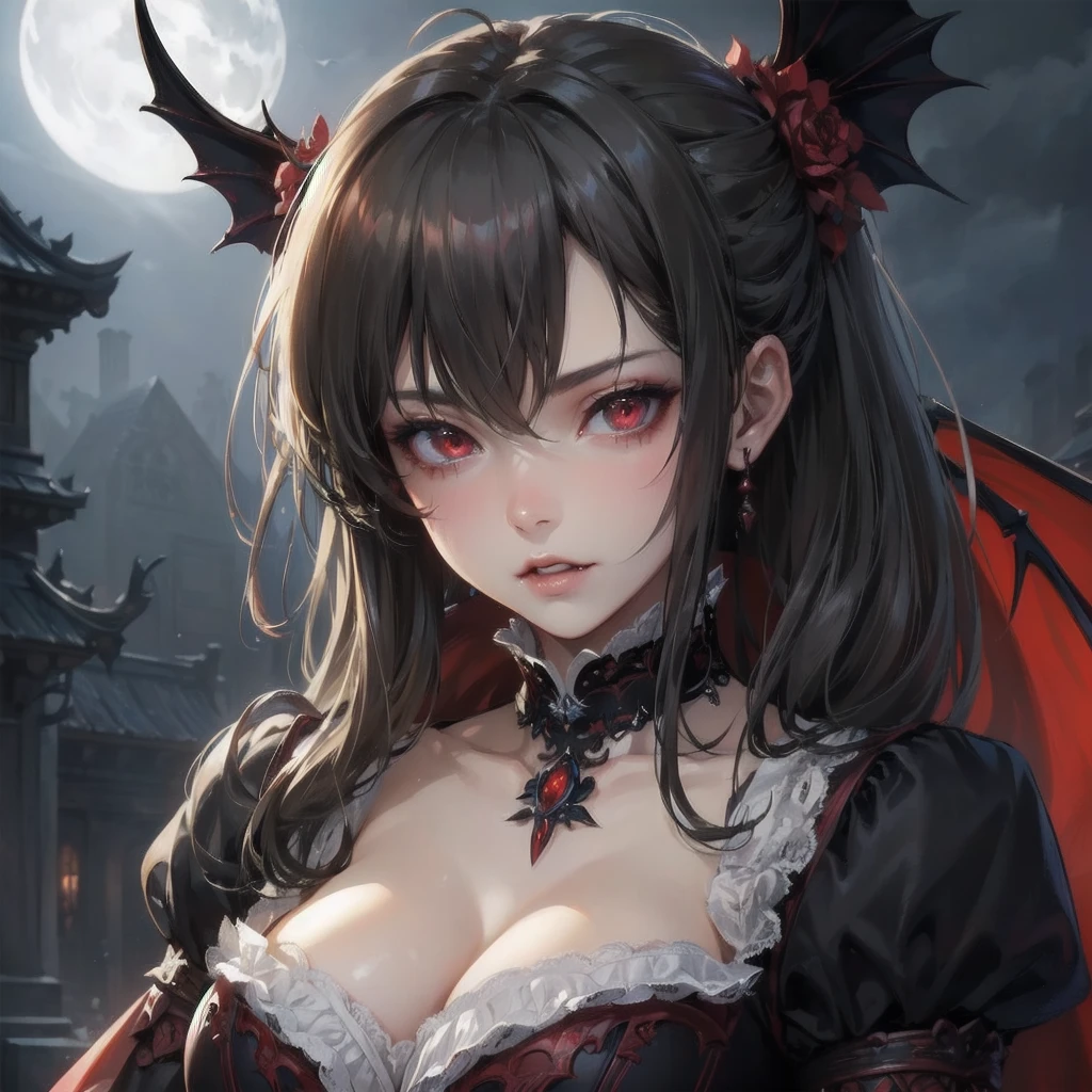 masterpiece, (textured skin), best quality, gorgeous beautiful girl, (a female vampire),,detailed clothes,large breasts,narrow waist,, (beautiful face), cinematic lighting, (fantasy anime art ),