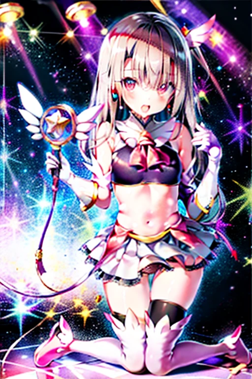 (1girl in:1.2), (Solo:1.2), masutepiece, nffsw、Shaders、Brilliant Textured Work、Ultra-detailed eyes、ultra-intricate pupil in eyes、top-quality、、、(((Magical Girl Clothes)))、Standing Picture、ratex、Tight, long gloves、long boots、Twin-tailed、length hair、Pink hair、Opening one eye and closing the other、Opening Mouth、Navel Ejection、On-stage、idol stage、Be in the spotlight、kneeling on the floor、She is pulling up her skirt with both hands.、Black lace pants、pantie shot、(NSFW:0.8)、