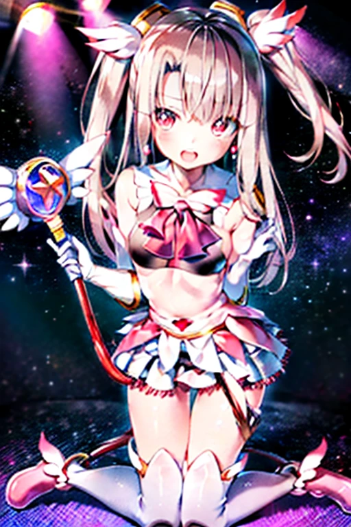 (1girl in:1.2), (Solo:1.2), masutepiece, nffsw、Shaders、Brilliant Textured Work、Ultra-detailed eyes、ultra-intricate pupil in eyes、top-quality、、elementary student、(((Magical Girl Clothes)))、Standing Picture、ratex、Tight, long gloves、long boots、Twin-tailed、length hair、Pink hair、Opening one eye and closing the other、Opening Mouth、Navel Ejection、On-stage、idol stage、Be in the spotlight、kneeling on the floor、She is pulling up her skirt with both hands.、Black lace pants、pantie shot、(NSFW:0.8)、