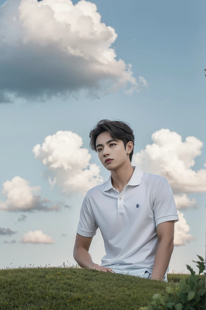 Young man in a white polo shirt Standing on the edge of the meadow with an expression on his face, looking into the distance Turn your head slightly.,Cloudy day, coffee shop