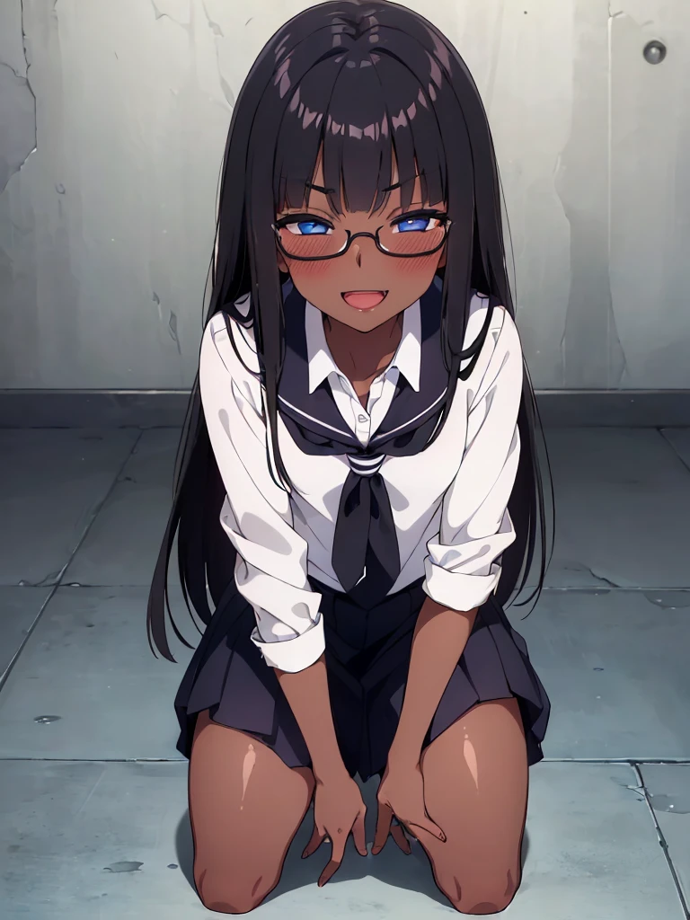 (1 feminine boy solo:1.4),(dark skin:1.5), (masterpiece:1.2), highest quality, High resolution, unity 8k wallpaper, (fine and beautiful eyes:1.6), highly detailed face, perfect lighting, Detailed CG, (perfect hands, perfect anatomy),20 years old, (black hair:1.3), detailed eyes, best quality, extremely detailed, very precise detailed, (glasses:1.4), (blunt bangs:1.3), (open mouth:1.2), (middle straight hair:1.5), (evil smile:1.4), , (half closed eyes:1.3) ,long sidelocks, (blush:1.3),(kneeling:1.3),(Put left knee in front:1.5),(school uniform pant),