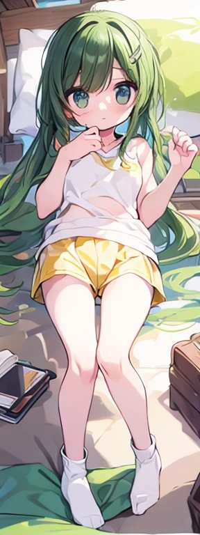 Long Green Hair、ponytail、Yellow Tennis Wear、Yellow culotte shorts、 body、Flat body