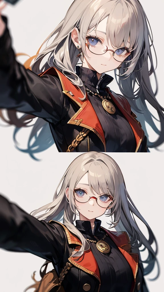 masterpiece, concept art, centered, close up shot, like selfies, head to toe((must)), low contrast, aschgray haired early 20's Russian girl, cyberpank fashion, wearing simple eyeglasses, background is mochabrown