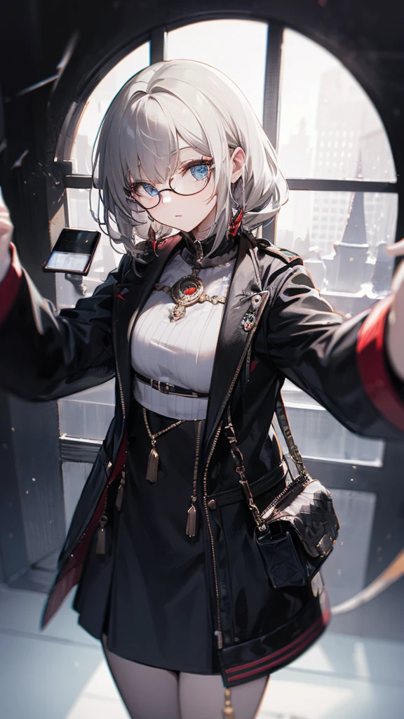 masterpiece, concept art, centered, close up shot, like selfies, head to toe((must)), low contrast, aschgray haired early 20's Russian girl, cyberpank fashion, wearing simple eyeglasses, background is mochabrown