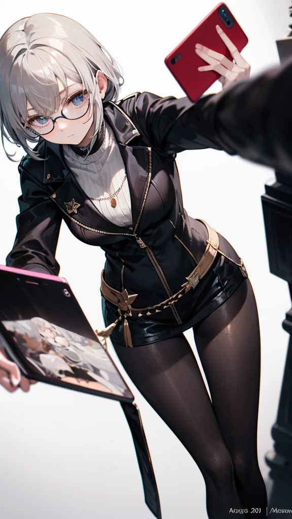 masterpiece, concept art, centered, close up shot, like selfies, head to toe((must)), low contrast, aschgray haired early 20's Russian girl, cyberpank fashion, wearing simple eyeglasses, background is mochabrown