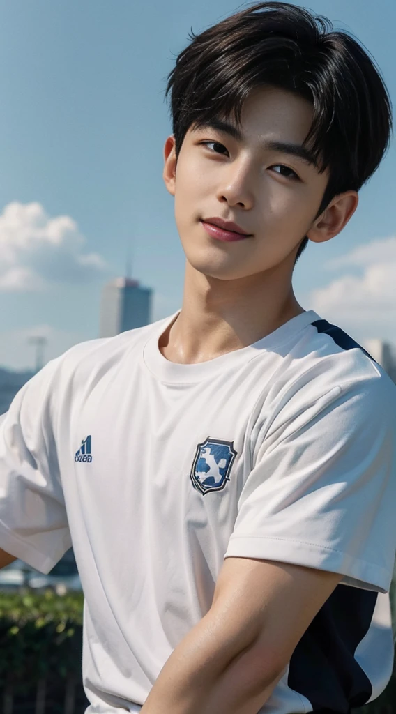 (As a matter of fact, Masterpiece, 8k HD, good light quality, sportswear, fit the face, complicated details), A handsome, muscular young Korean man. ,(Broad shoulders:1.3), 20 years old, be happy, smile brightly, detailed face, delicate eyes, มองดูsky, Wear a navy tight T-shirt.:1.6, period, black eyes, Black hair color, ผมsmooth, smooth, outdoor sports, Along the garden, Sunny,sky，Surreal，Awesome details，Highest quality，real，Open your mouth to talk.