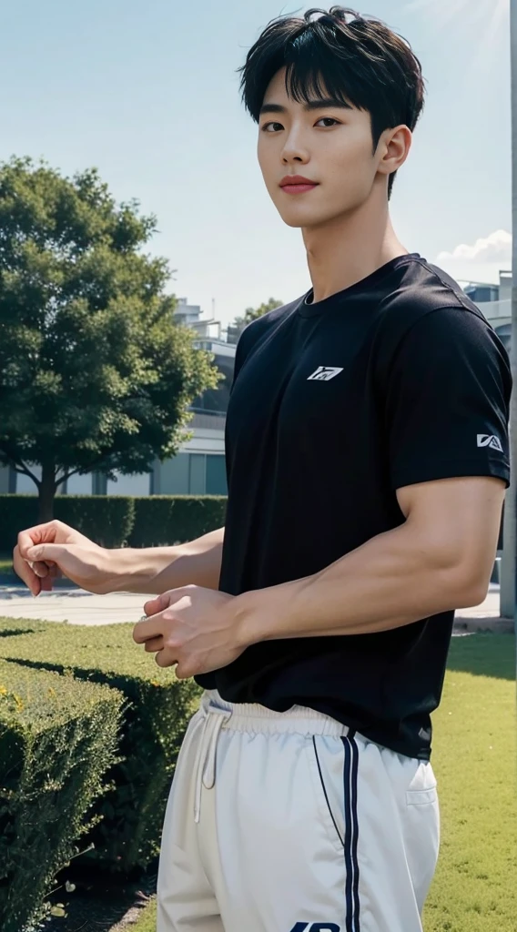 (As a matter of fact, Masterpiece, 8k HD, good light quality, sportswear, fit the face, complicated details), A handsome, muscular young Korean man. ,(Broad shoulders:1.3), 20 years old, be happy, smile brightly, detailed face, delicate eyes, มองดูsky, Wear a navy tight T-shirt.:1.6, period, black eyes, Black hair color, ผมsmooth, smooth, outdoor sports, Along the garden, Sunny,sky,Surreal,Awesome details,Highest quality,real,Open your mouth to talk.