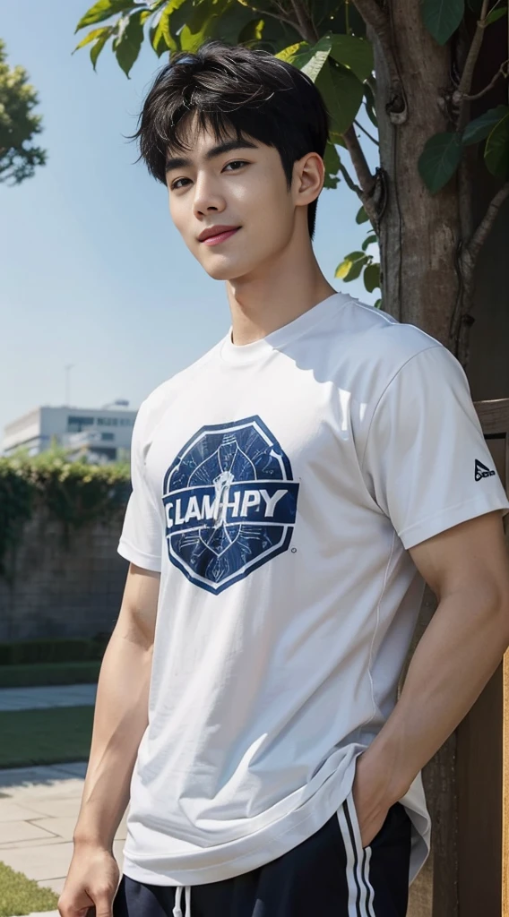 (As a matter of fact, Masterpiece, 8k HD, good light quality, sportswear, fit the face, complicated details), A handsome, muscular young Korean man. ,(Broad shoulders:1.3), 20 years old, be happy, smile brightly, detailed face, delicate eyes, มองดูsky, Wear a navy tight T-shirt.:1.6, period, black eyes, Black hair color, ผมsmooth, smooth, outdoor sports, Along the garden, Sunny,sky,Surreal,Awesome details,Highest quality,real,Open your mouth to talk.