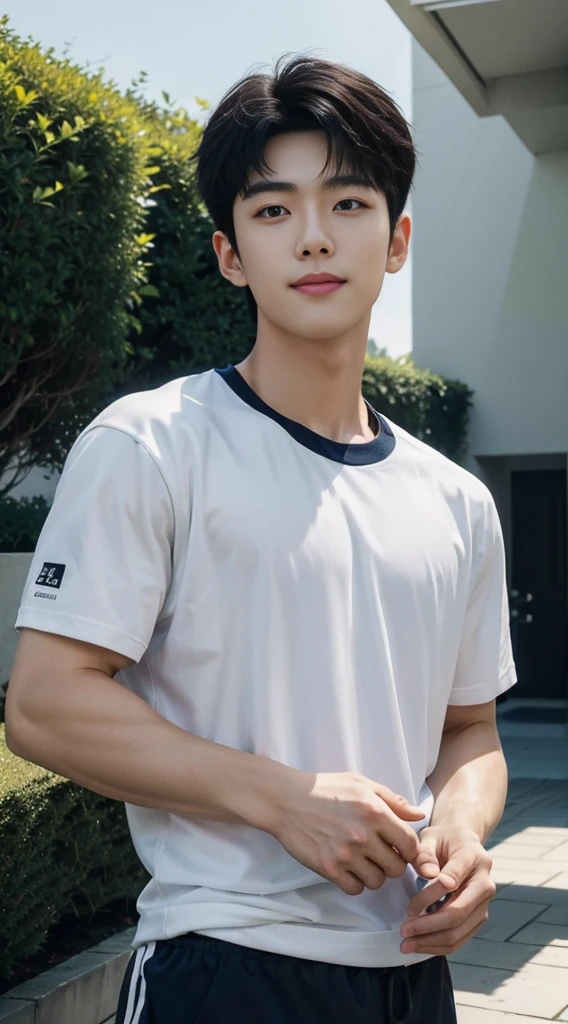 (As a matter of fact, Masterpiece, 8k HD, good light quality, sportswear, fit the face, complicated details), A handsome, muscular young Korean man. ,(Broad shoulders:1.3), 20 years old, be happy, smile brightly, detailed face, delicate eyes, มองดูsky, Wear a navy tight T-shirt.:1.6, period, black eyes, Black hair color, ผมsmooth, smooth, outdoor sports, Along the garden, Sunny,sky,Surreal,Awesome details,Highest quality,real,Open your mouth to talk.