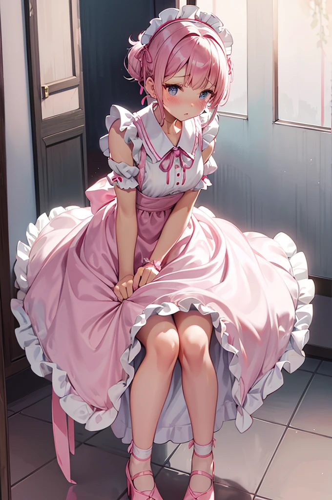 Highest quality、Shiny silk short sleeve puff sleeve pink maid outfit、transparent、Very short skirt、Giant ribbon、A short white ruffled apron、Garter belt with ribbon、Pink high heels with ribbon、Large headband with ribbon、Flushed Cheeks、Embarrassed look、Pure white underwear、Soaking wet、storm、Stand on a chair and stretch、Looking up from directly below