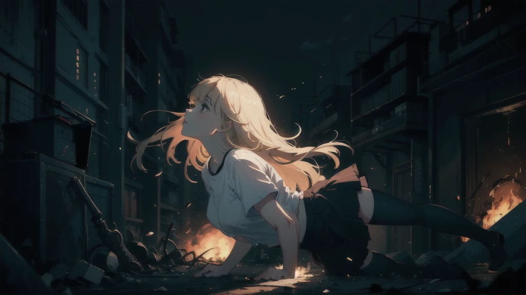 ((best quality)), ((masterpiece)), (detailed), one girl with long blond hair, falling down in darkness, side view on scene, whole body in image in center, white t-shirt, black skirt, horror theme