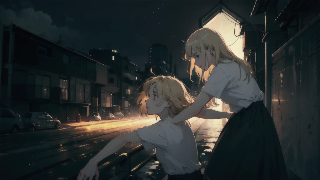 ((best quality)), ((masterpiece)), (detailed), one girl with long blond hair, falling down in darkness, side view on scene, whole body in image in center, white t-shirt, black skirt, horror theme