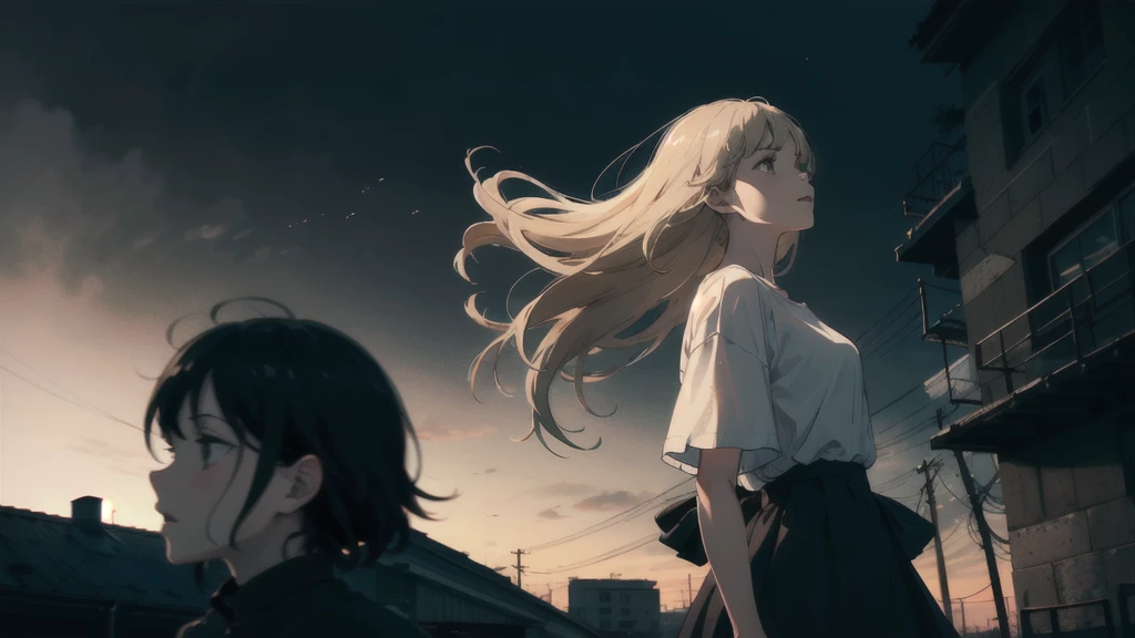 ((best quality)), ((masterpiece)), (detailed), one girl with long blond hair, falling down in darkness, side view on scene, whole body in image in center, white t-shirt, black skirt, horror theme
