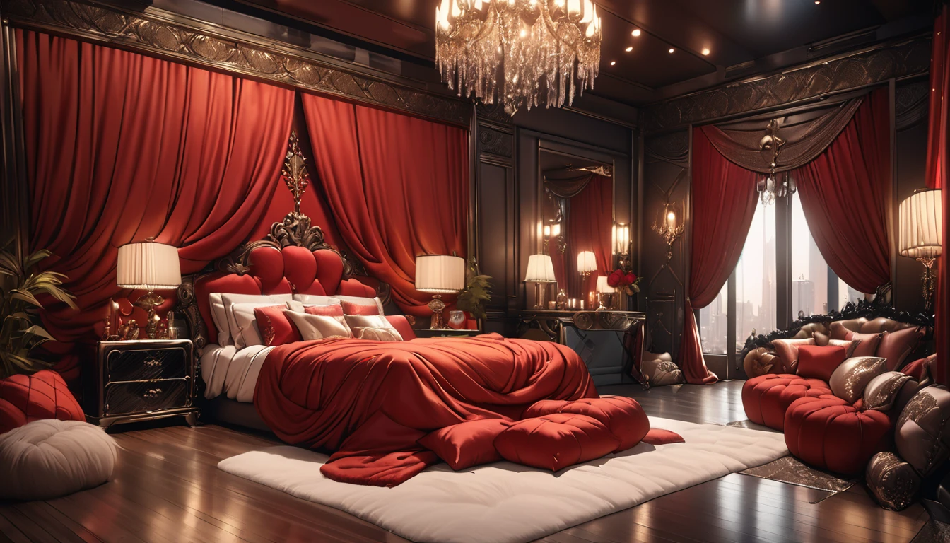 a fluffy red silk duvet, many large silk cushions, a luxurious and fluffy red silk bed, extremely detailed, high quality, 8k, best quality, photorealistic, studio lighting, lush, elegant, soft, delicate, rich, warm colors, serene, luxurious bedroom interior, plush, velvety, opulent, ornate, detailed silk textures, fine details, sumptuous, sophisticated, lavish, exquisite, opulent, refined, grandiose, magnificent