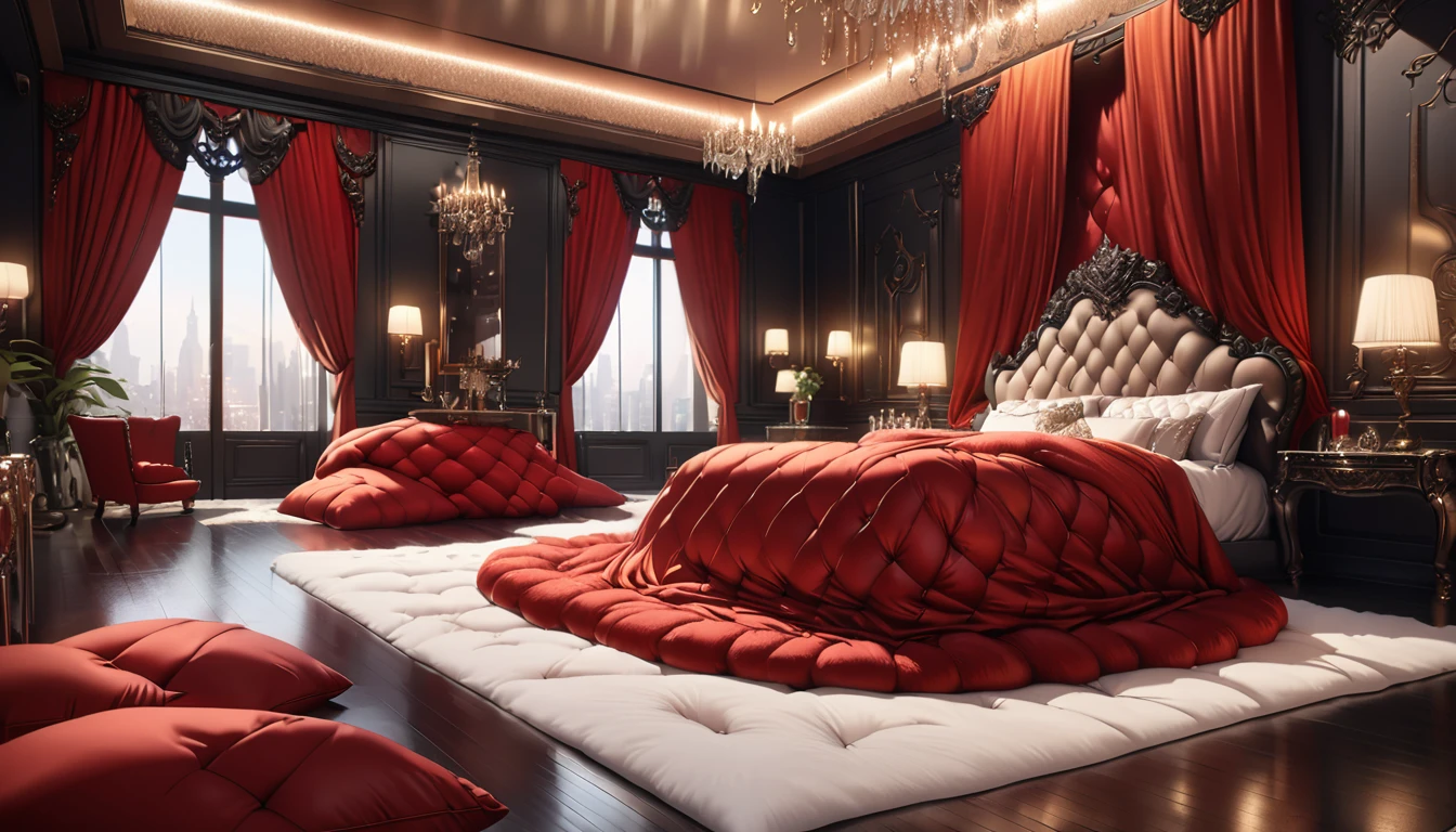 a fluffy red silk duvet, many large silk cushions, a luxurious and fluffy red silk bed, extremely detailed, high quality, 8k, best quality, photorealistic, studio lighting, lush, elegant, soft, delicate, rich, warm colors, serene, luxurious bedroom interior, plush, velvety, opulent, ornate, detailed silk textures, fine details, sumptuous, sophisticated, lavish, exquisite, opulent, refined, grandiose, magnificent