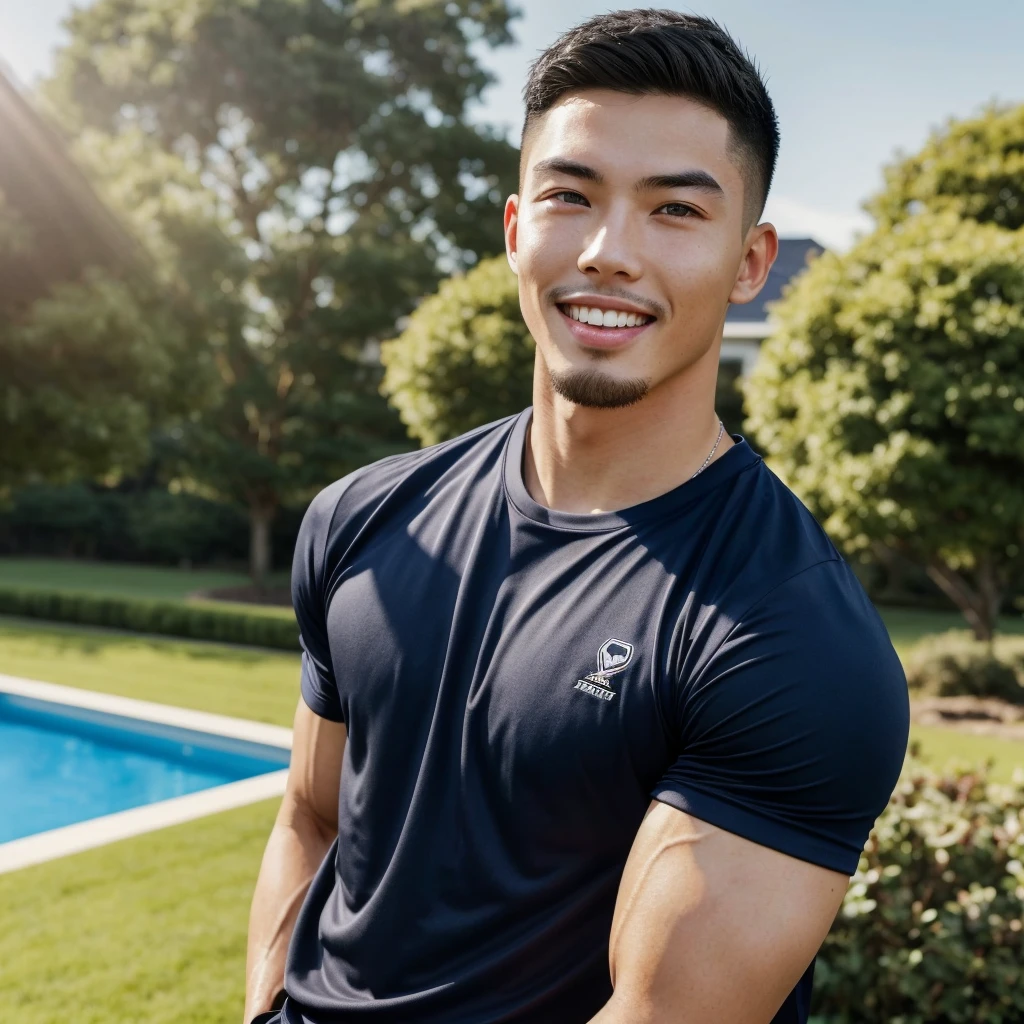 Tony Labrusca, (As a matter of fact, Masterpiece, 8k HD, good light quality, sportswear, fit the face, complicated details), A handsome, muscular young Korean man. , 20 years old, be happy, smile brightly, detailed face, delicate eyes, มองดูsky, Wear a navy tight T-shirt.:1.6, period, black eyes, Black hair color, ผมsmooth, smooth, outdoor sports, Along the garden, Sunny,sky,Surreal,Awesome details,Highest quality,real,Open your mouth to talk. , Close your eyes.