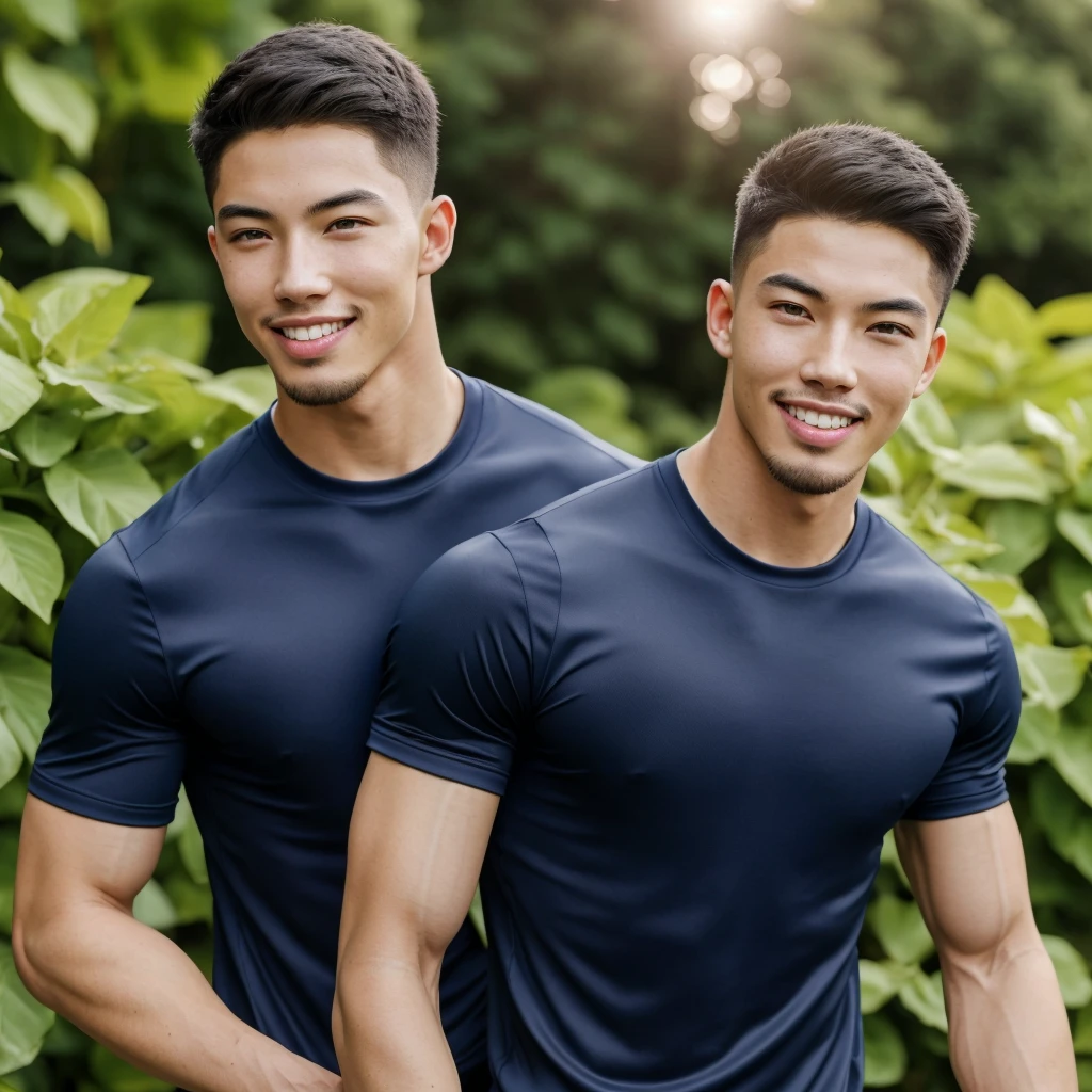 Tony Labrusca, (As a matter of fact, Masterpiece, 8k HD, good light quality, sportswear, fit the face, complicated details), A handsome, muscular young Korean man. , 20 years old, be happy, smile brightly, detailed face, delicate eyes, มองดูsky, Wear a navy tight T-shirt.:1.6, period, black eyes, Black hair color, ผมsmooth, smooth, outdoor sports, Along the garden, Sunny,sky，Surreal，Awesome details，Highest quality，real，Open your mouth to talk. , Close your eyes.