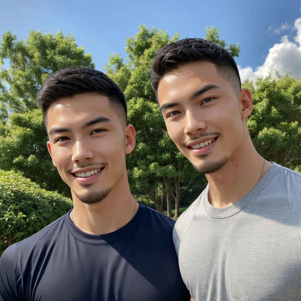 Tony Labrusca, (As a matter of fact, Masterpiece, 8k HD, good light quality, sportswear, fit the face, complicated details), A handsome, muscular young Korean man. , 20 years old, be happy, smile brightly, detailed face, delicate eyes, มองดูsky, Wear a navy tight T-shirt.:1.6, period, black eyes, Black hair color, ผมsmooth, smooth, outdoor sports, Along the garden, Sunny,sky,Surreal,Awesome details,Highest quality,real,Open your mouth to talk. , Close your eyes.