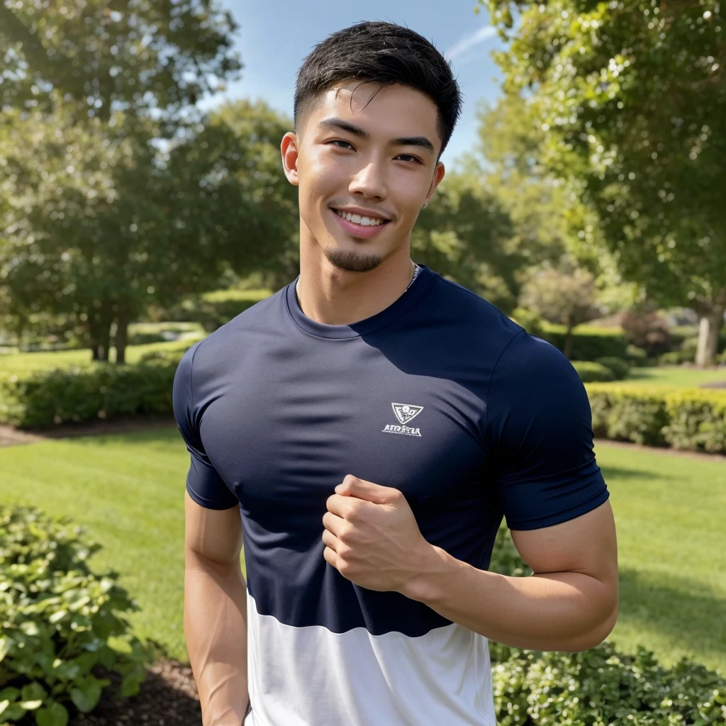 Tony Labrusca, (As a matter of fact, Masterpiece, 8k HD, good light quality, sportswear, fit the face, complicated details), A handsome, muscular young Korean man. , 20 years old, be happy, smile brightly, detailed face, delicate eyes, มองดูsky, Wear a navy tight T-shirt.:1.6, period, black eyes, Black hair color, ผมsmooth, smooth, outdoor sports, Along the garden, Sunny,sky,Surreal,Awesome details,Highest quality,real,Open your mouth to talk. , Close your eyes.