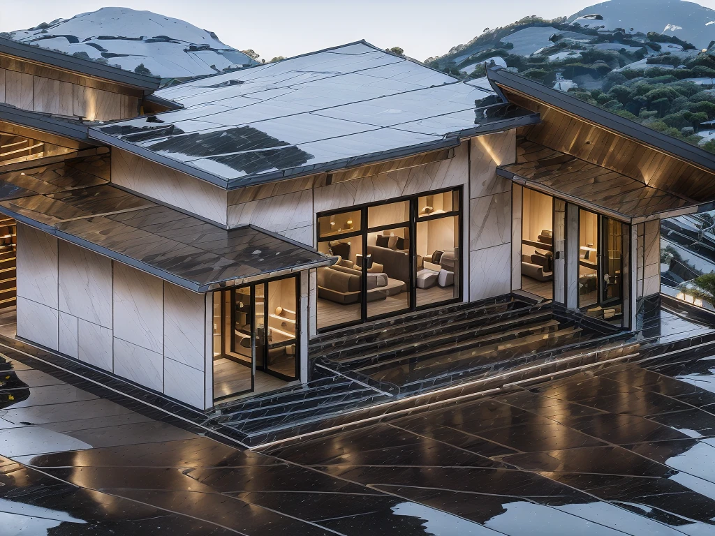 3D render of a beautiful house, Dark, gray tones, white wall. lumion render, night time render, insanely detailed rendering, realistic architecture, architectural visualization. The house is adorned with elegant lighting and exterior appearance in a Vietnam city street. The staircase leading into the house is tiled with black marble and has bright LED lights. Behind are hills and mountains with clear blue sky. The main door is made of black aluminum and glass reaching up to the ceiling. Looking through the glass windows to look inside the house with luxurious interiors with luxurious and warm lights, interior lighting rendering and lighting effects. marble and wood and glass, dark and modern, luxcore render, taken with professional photography techniques, using a wide angle lens with bright natural light and high resolution details, in the style of professional photograph, hyper realistic, highly detailed.