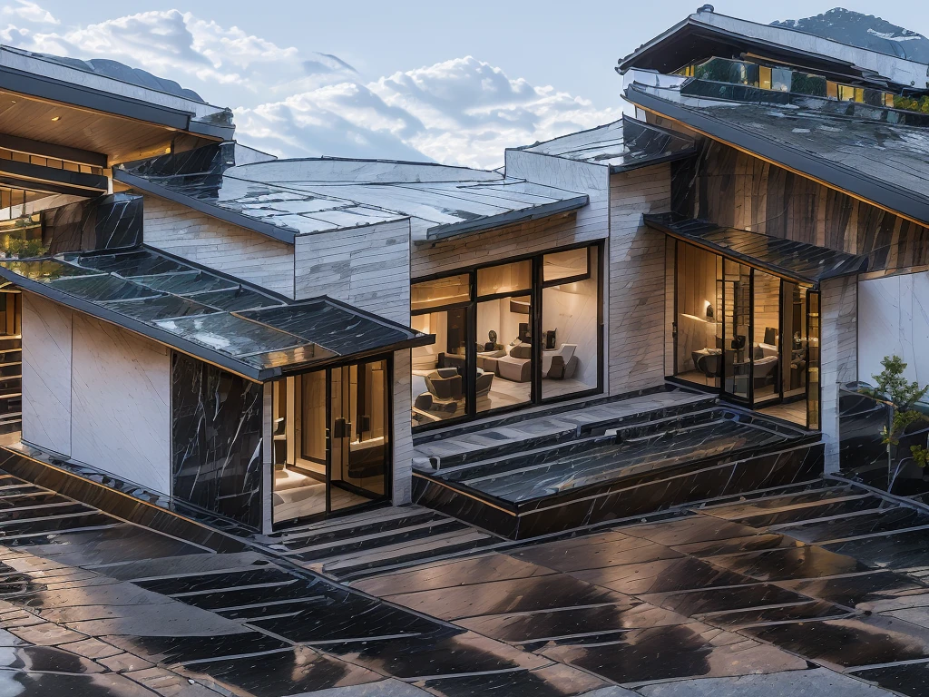 3D render of a beautiful house, Dark, gray tones, white wall. lumion render, night time render, insanely detailed rendering, realistic architecture, architectural visualization. The house is adorned with elegant lighting and exterior appearance in a Vietnam city street. The staircase leading into the house is tiled with black marble and has bright LED lights. Behind are hills and mountains with clear blue sky. The main door is made of black aluminum and glass reaching up to the ceiling. Looking through the glass windows to look inside the house with luxurious interiors with luxurious and warm lights, interior lighting rendering and lighting effects. marble and wood and glass, dark and modern, luxcore render, taken with professional photography techniques, using a wide angle lens with bright natural light and high resolution details, in the style of professional photograph, hyper realistic, highly detailed.