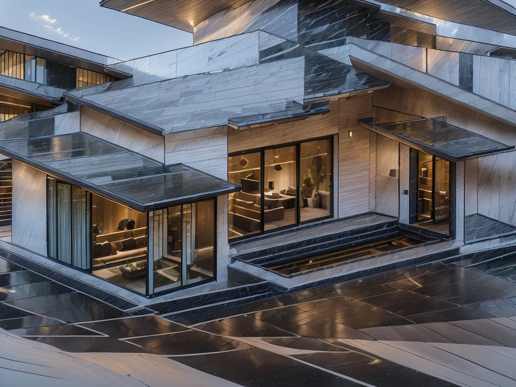 3D render of a beautiful house, Dark, gray tones, white wall. lumion render, night time render, insanely detailed rendering, realistic architecture, architectural visualization. The house is adorned with elegant lighting and exterior appearance in a Vietnam city street. The staircase leading into the house is tiled with black marble and has bright LED lights. Behind are hills and mountains with clear blue sky. The main door is made of black aluminum and glass reaching up to the ceiling. Looking through the glass windows to look inside the house with luxurious interiors with luxurious and warm lights, interior lighting rendering and lighting effects. marble and wood and glass, dark and modern, luxcore render, taken with professional photography techniques, using a wide angle lens with bright natural light and high resolution details, in the style of professional photograph, hyper realistic, highly detailed.