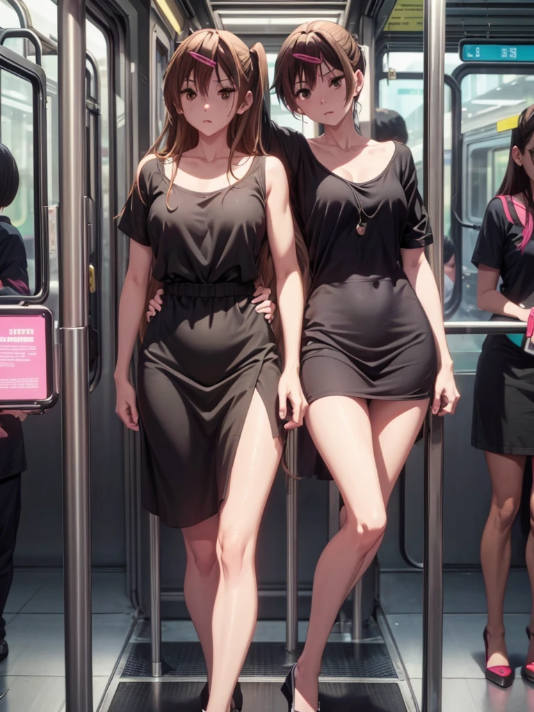 Girl, black tight Blouse on a naked body , You can see her breasts, metro train background, openlegs, Inside the metro train, A crowd of people around, Rush hour, Bare chest, small breast, slim body, no panties, slim legs, wet body, Stiletto Shoes