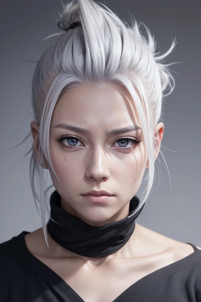 Make an image jujutsu kaisen comic panel one with white streaked hair with a messy bun and streaks in front of the face with eyes with a light gray iris without pupils with May's outfit