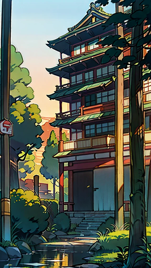 urban Japanese street next to stream of water, traditional Japanese lantern, (no one: 1), no one in sight, no people, best quality, anime, anime style, lofi, calm, row of building next to river, urban Japanese street next to stream of water, traditional Japanese lantern, (no one: 1), no one in sight, no people, best quality, anime, anime style, lofi, calm, row of building next to river, anime background, anime wallpaper, anime, anime style, lofi, lofi style, modern japanese street, modern japanese architecture, japanese convenience store, big retro japanese shop signs, retro japanese store, trees, plants, rocks, plant pots, shop signs, japanese banners, japanese signs, flags, sunrise,  empty street, no one in sight, (no one: 1), best quality, rural tokyo, sun in sky, view from balcony of nearby apartment