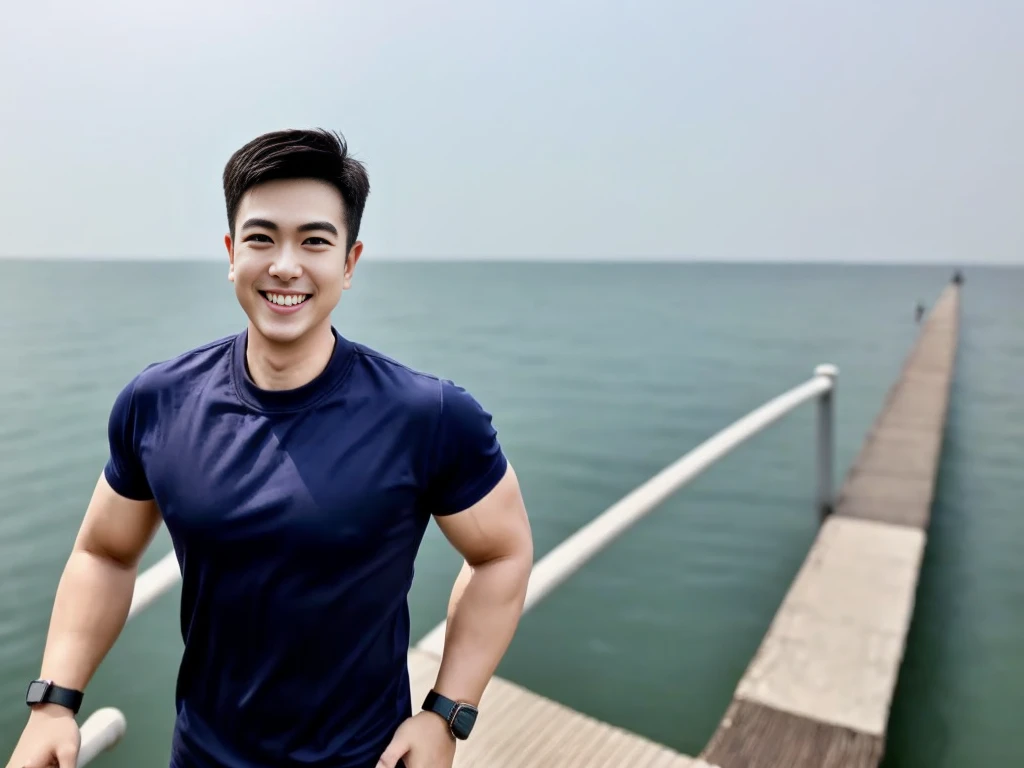 (Create a masterpiece: 1.2),(CGI art:1.3),(realistic:1.5),(After processing:1.3), (Sharp focus:1.3), 1 man, open mouth, smile, (Navy blue round neck shirt), Navy cargo pants, Korean guy , korean men, (High gloss details), chest muscles, large arm muscles, blood vessel, Big muscles, Broad shoulders, looking at the audience, Balancing the eyes, Seaside, beach, sunlight, running towards the camera