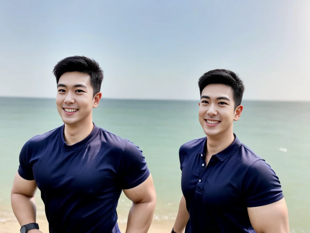 (Create a masterpiece: 1.2),(CGI art:1.3),(realistic:1.5),(After processing:1.3), (Sharp focus:1.3), 1 man, open mouth, smile, (Navy blue round neck shirt), Navy cargo pants, Korean guy , korean men, (High gloss details), chest muscles, large arm muscles, blood vessel, Big muscles, Broad shoulders, looking at the audience, Balancing the eyes, Seaside, beach, sunlight, running towards the camera