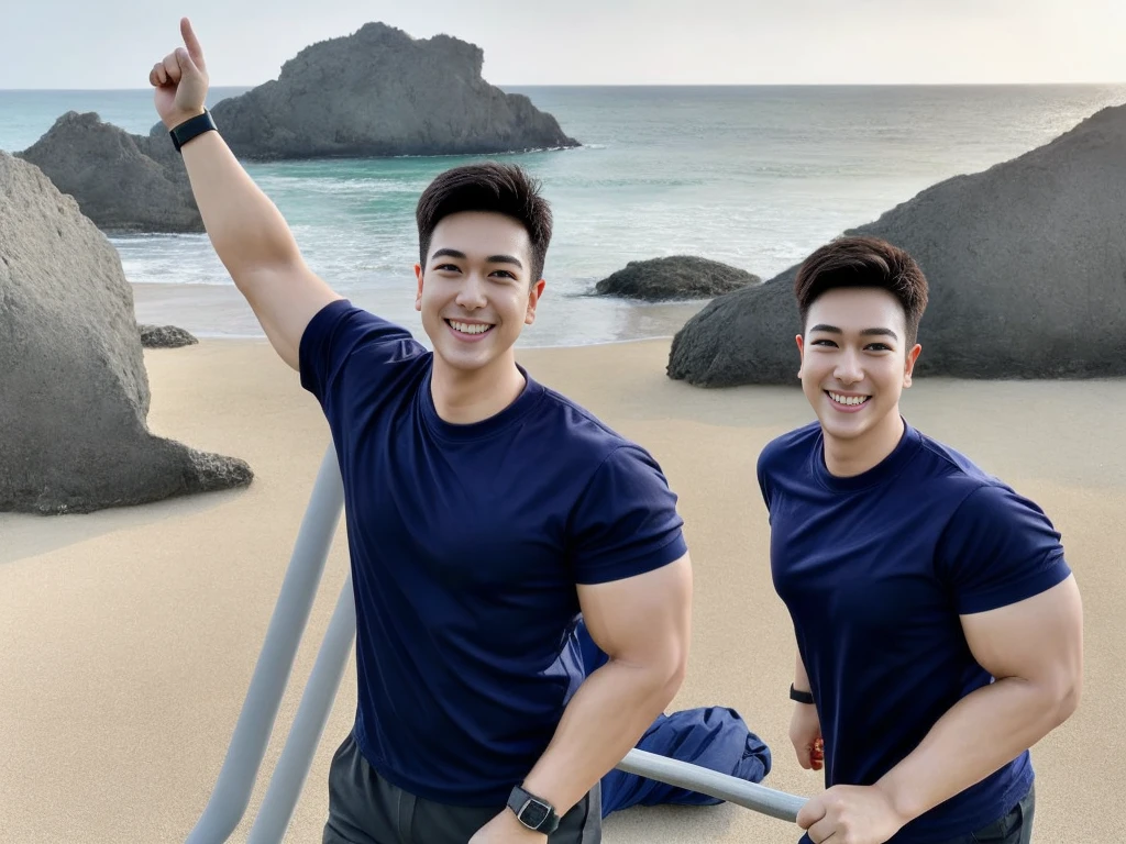 (Create a masterpiece: 1.2),(CGI art:1.3),(realistic:1.5),(After processing:1.3), (Sharp focus:1.3), 1 man, open mouth, smile, (Navy blue round neck shirt), Navy cargo pants, Korean guy , korean men, (High gloss details), chest muscles, large arm muscles, blood vessel, Big muscles, Broad shoulders, looking at the audience, Balancing the eyes, Seaside, beach, sunlight, running towards the camera
