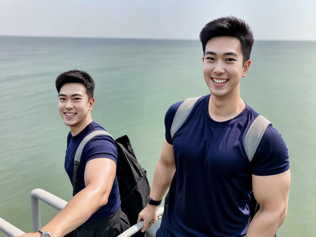 (Create a masterpiece: 1.2),(CGI art:1.3),(realistic:1.5),(After processing:1.3), (Sharp focus:1.3), 1 man, open mouth, smile, (Navy blue round neck shirt), Navy cargo pants, Korean guy , korean men, (High gloss details), chest muscles, large arm muscles, blood vessel, Big muscles, Broad shoulders, looking at the audience, Balancing the eyes, Seaside, beach, sunlight, running towards the camera
