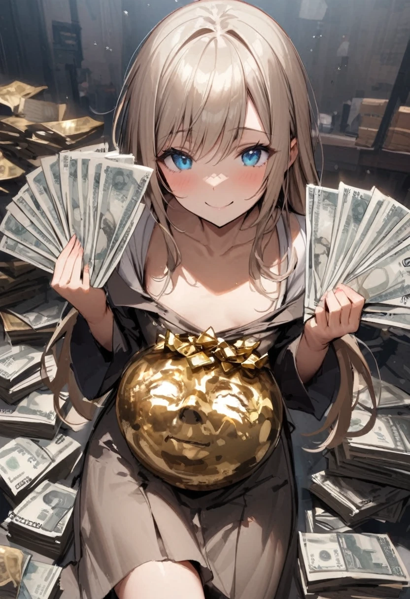 PC monitor、Big rich、Rich、Achievers、A relaxed expression、joy、trader、Stock、investor、money、A stack of bills、gold、bankruptcy、Girl、Girl、Short、Younger、Baby Face、flat chest、、Dynamic Angle、masterpiece、best quality、ultra-detail、Both eyes open、smile
