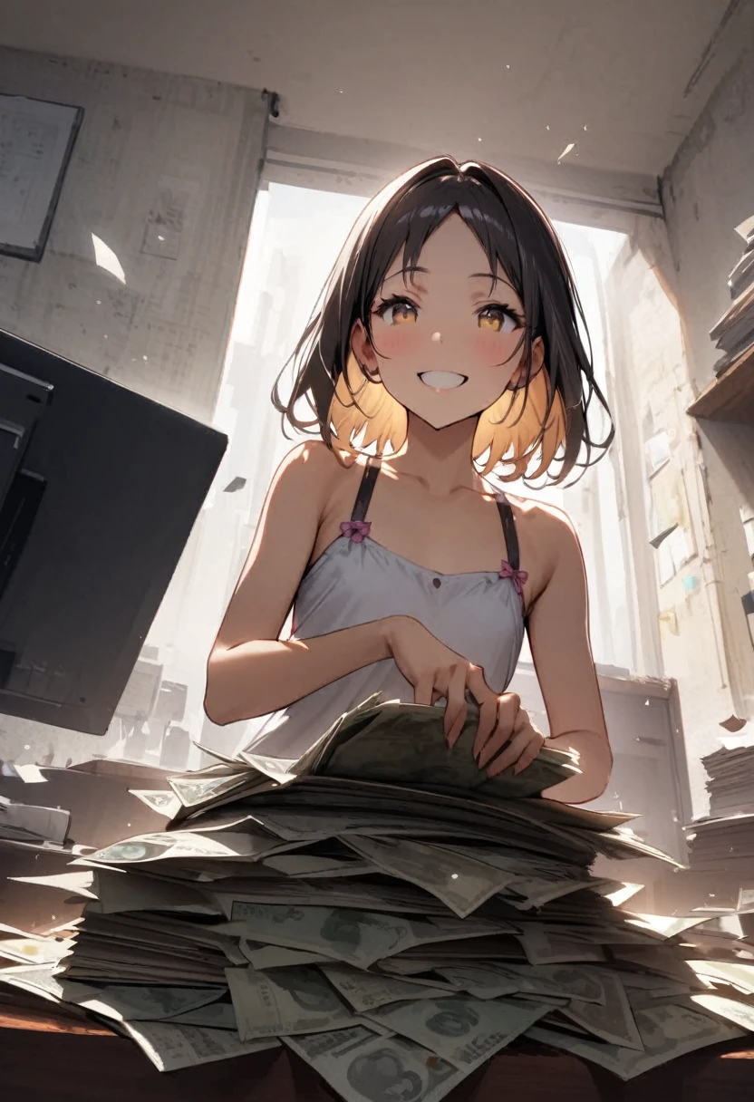 PC monitor、Big rich、Rich、Achievers、A relaxed expression、joy、trader、Stock、investor、money、A stack of bills、gold、bankruptcy、Girl、Girl、Short、Younger、Baby Face、flat chest、、Dynamic Angle、masterpiece、best quality、ultra-detail、Both eyes open、smile