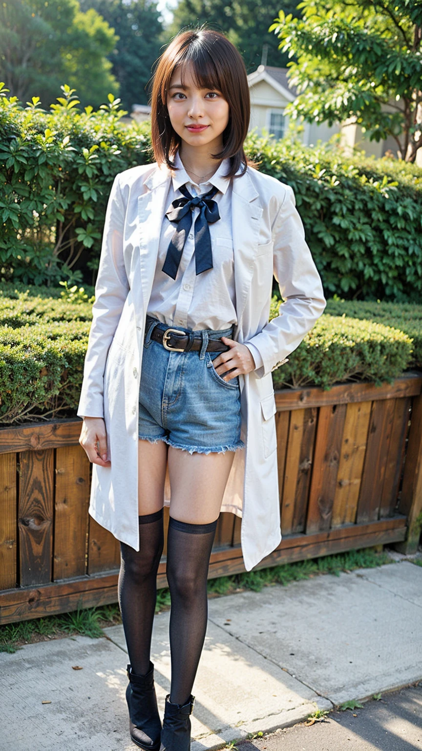(8K、RAW Photos、Highest quality、masterpiece:1.2)、(Realistic、Realistic)、1 Girl、((Shorts、shirt、Long coat、black、Thin legs、whole body、boots、one piece、tights、garden、View from the front、smile、Looking into the camera、belt、Stand with hands on hips))、cute