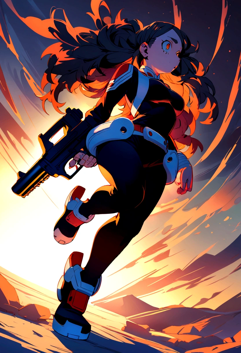Ochako from my hero academia, full body, holding a gun, 9mm gun, perfect detailed gun.