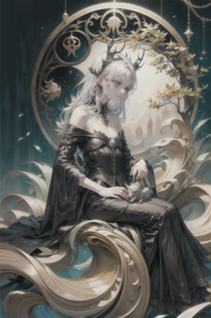 Nordic tree-shaped solitaire,Flat style, abstract artistic,Graphic design,symmetry, Math, Renaissance, Oil painting, 2D canvas, highly detailed, complex, Classic paint, Black monochrome, crystals, opulent, lap, gothic ornament, Graphic design