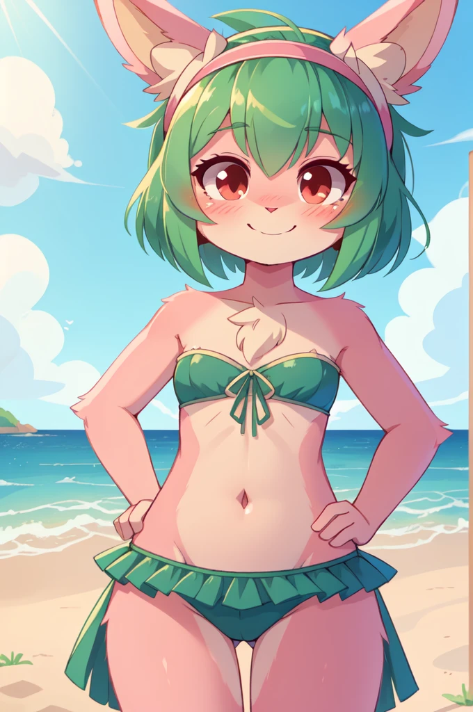 score_9,score_8_up,score_7_up, source_cartoon, source_furry, rabbit girl, rabbit tail, Green hair, short hair, long side hair, furry, blush, looking at viewer, smile, 1girl, rabbit ears, furry female, Pink skin, pink fur, light beige fur, two-tone body, two-tone fur, ((hairband, bright green strapless fringed bandeau bikini)), beach, clear sky, blush, looking at viewer, standing, red eyes, solo, anthro, small breasts, cheek tuft, eyelashes, eyelids, facial tuft, navel, hands on hips, uperbody, short body, tiny body,