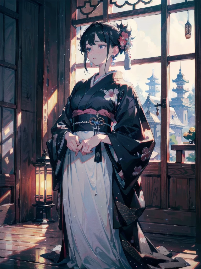 absurdres, RAW photo, extremely delicate and beautiful, masterpiece, Best Quality, ultra high resolution, 32k, hyperrealistic, ultra-detailed, in her 20s, delicate facial features, tearful mole, earring, medium breasts, full body shot, shorter middle hair, black hair, kimono, haori,