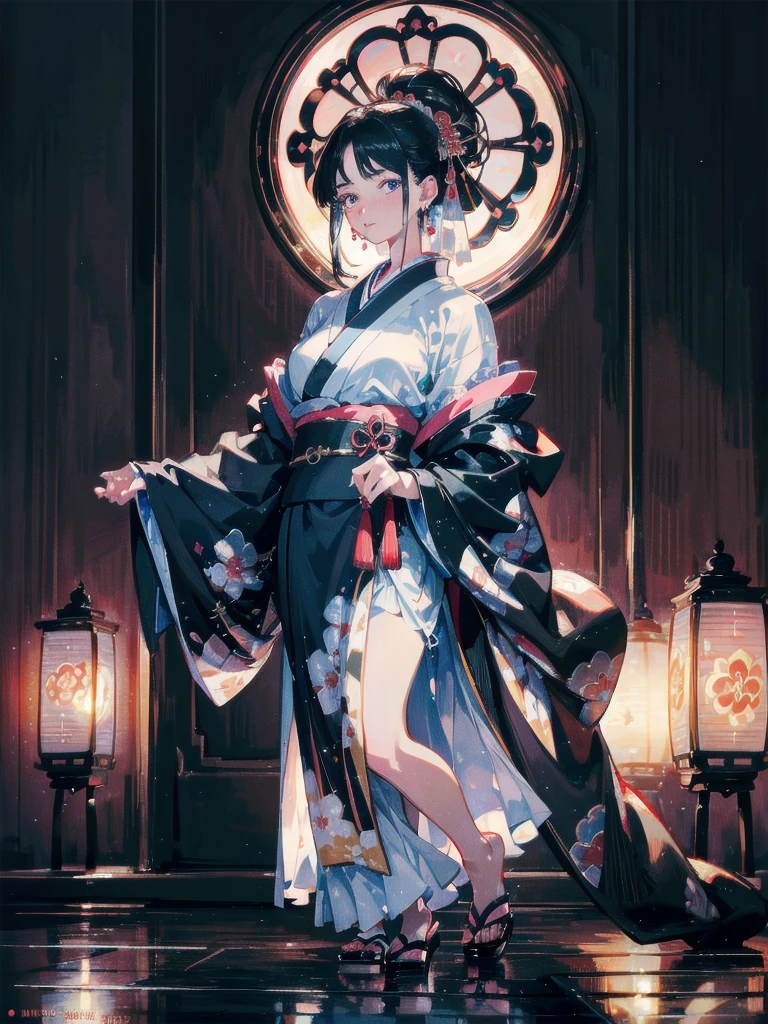 absurdres, RAW photo, extremely delicate and beautiful, masterpiece, Best Quality, ultra high resolution, 32k, hyperrealistic, ultra-detailed, in her 20s, delicate facial features, tearful mole, earring, medium breasts, full body shot, shorter middle hair, black hair, kimono, haori,