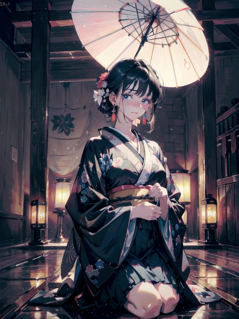 absurdres, RAW photo, extremely delicate and beautiful, masterpiece, Best Quality, ultra high resolution, 32k, hyperrealistic, ultra-detailed, in her 20s, delicate facial features, tearful mole, earring, medium breasts, full body shot, shorter middle hair, black hair, kimono, haori,
