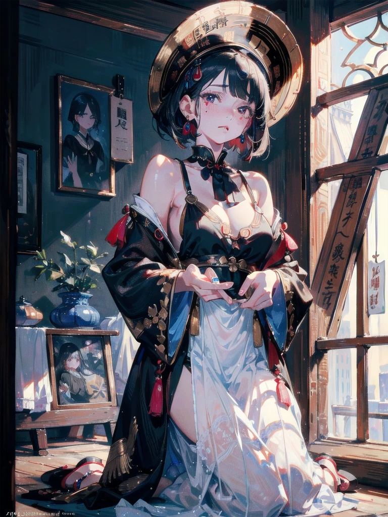 absurdres, RAW photo, extremely delicate and beautiful, masterpiece, Best Quality, ultra high resolution, 32k, hyperrealistic, ultra-detailed, in her 20s, delicate facial features, tearful mole, earring, medium breasts, full body shot, shorter middle hair, black hair, jiangshi, 