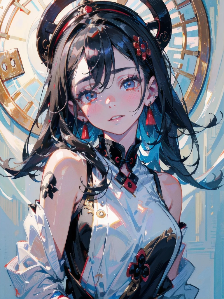 absurdres, RAW photo, extremely delicate and beautiful, masterpiece, Best Quality, ultra high resolution, 32k, hyperrealistic, ultra-detailed, in her 20s, delicate facial features, tearful mole, earring, medium breasts, full body shot, shorter middle hair, black hair, jiangshi, 