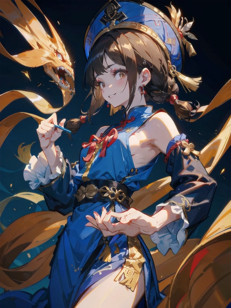 jiangshi, jiangshi costume, hat, talisman, wing, grey skin, colored skin, make up, 1girl, solo, small breasts, brown hair, long hair, brown eyes, blue dress, chinese clothes, long sleeves, detached sleeves, gold earrings, extended arms, exposed shoulders, sandals, teeth, smile chinese palace, seen from below, upper body score_9, score_8_up, score_7_up, score_6_up, score_5_up, score_4_up, BREAK source_anime, masterpiece